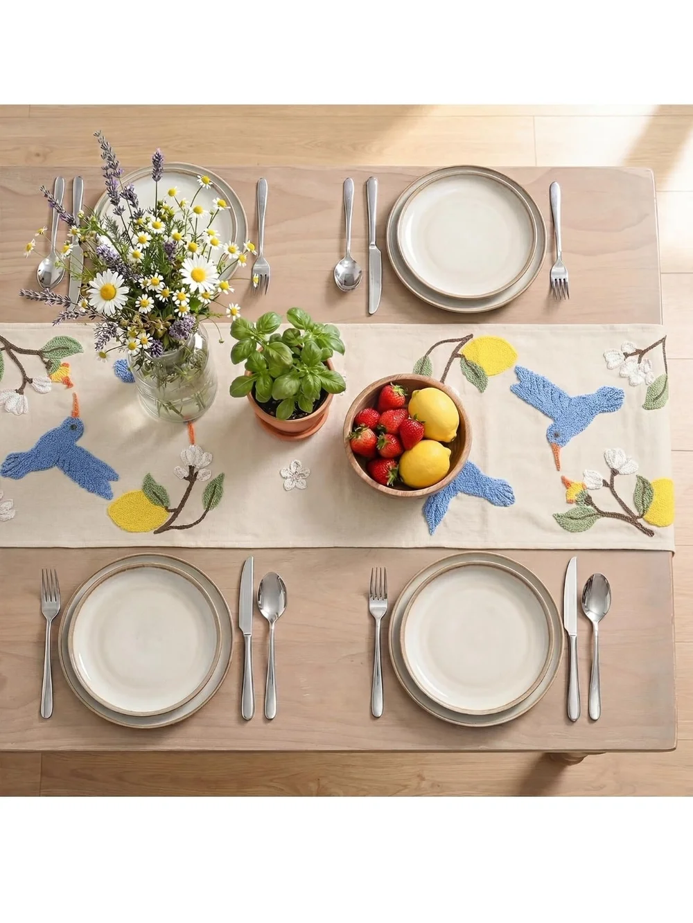 Embroidered Hummingbird Table Runner with Lemons - Blue on Cream